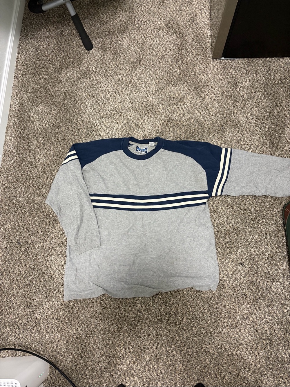 Point Zero Gray and Navy Striped Crewneck Sweater